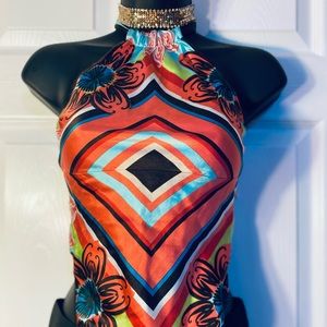 BEBE Floral top, XS, Pink Brown Coral Teal Mix